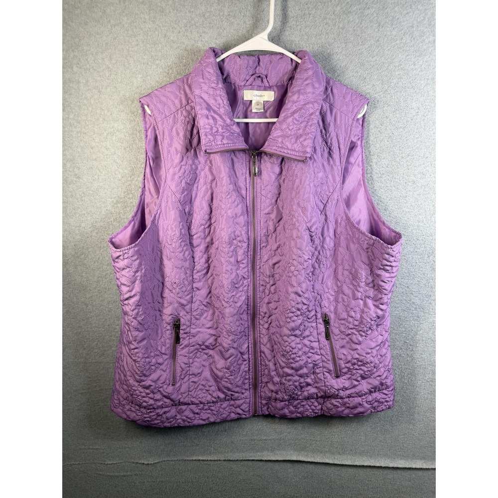 CJ Banks Vest Womens 2X Purple Quilted Floral Full Zip Sleeveless Pockets Warm